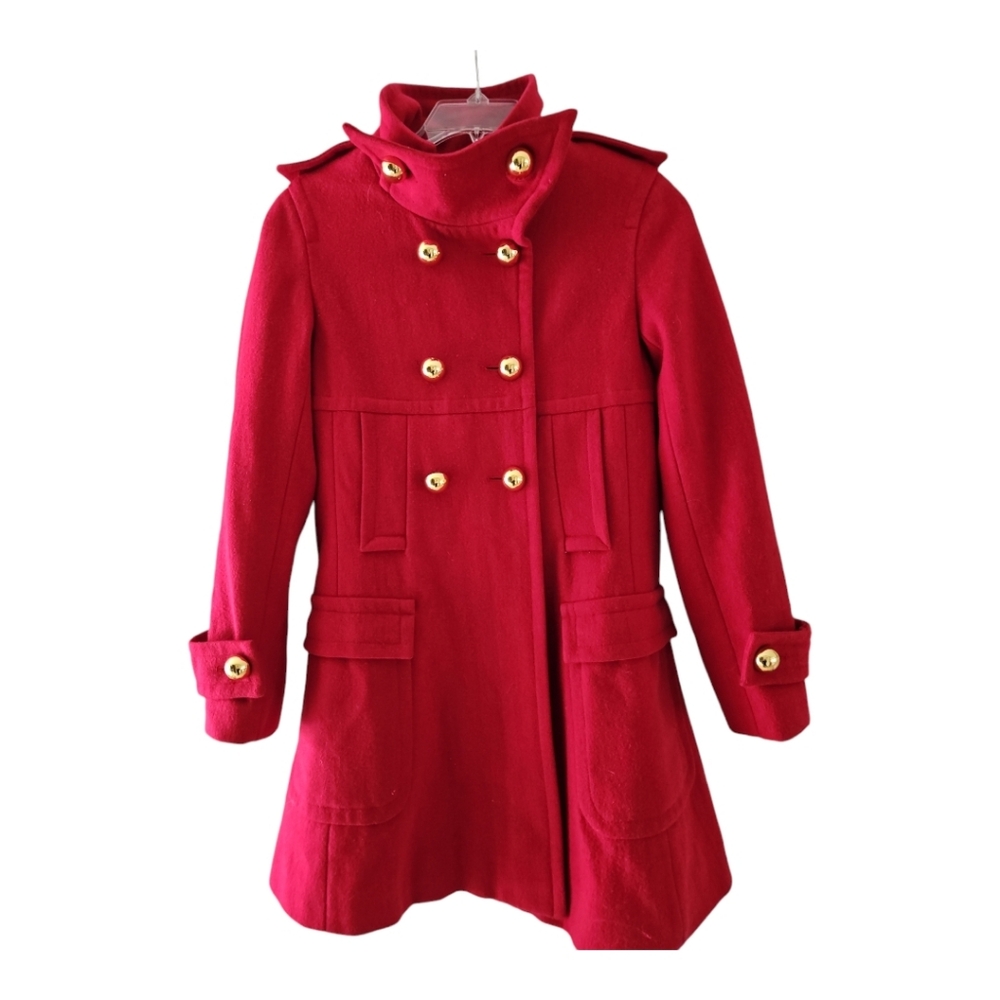 Via Red Wool Coat XS Double Breasted Pockets Military Inspired Gold Buttons